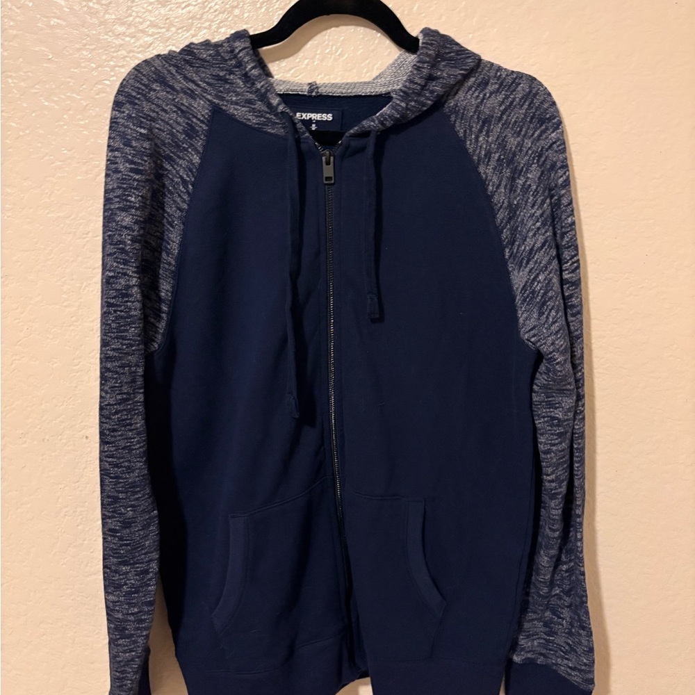 Express Men's Blue and Gray Zip-Up Sweater
